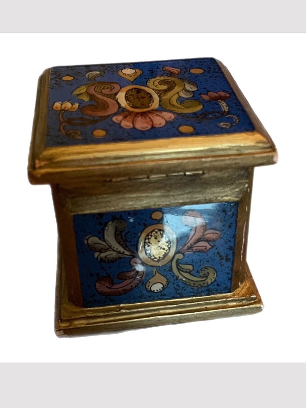 Vintage Florentine Style Reverse Hand Painted Hinged Trinket Box Blue Gold